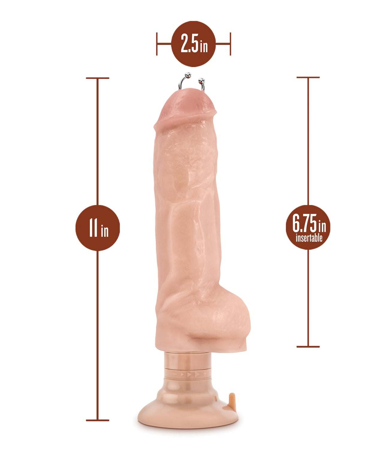 Blush Coverboy beige vibrating dildo with piercing and suction base measuring 11 inches total length.