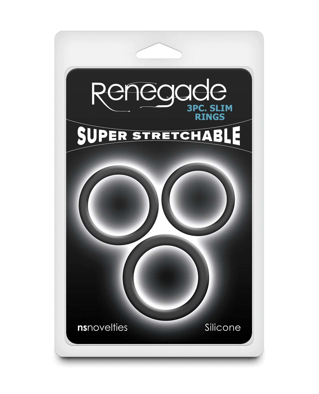 Renegade Slim Cock Rings 3-piece black silicone set, super stretchable slim rings for adjustable fit and restrictive enjoyment