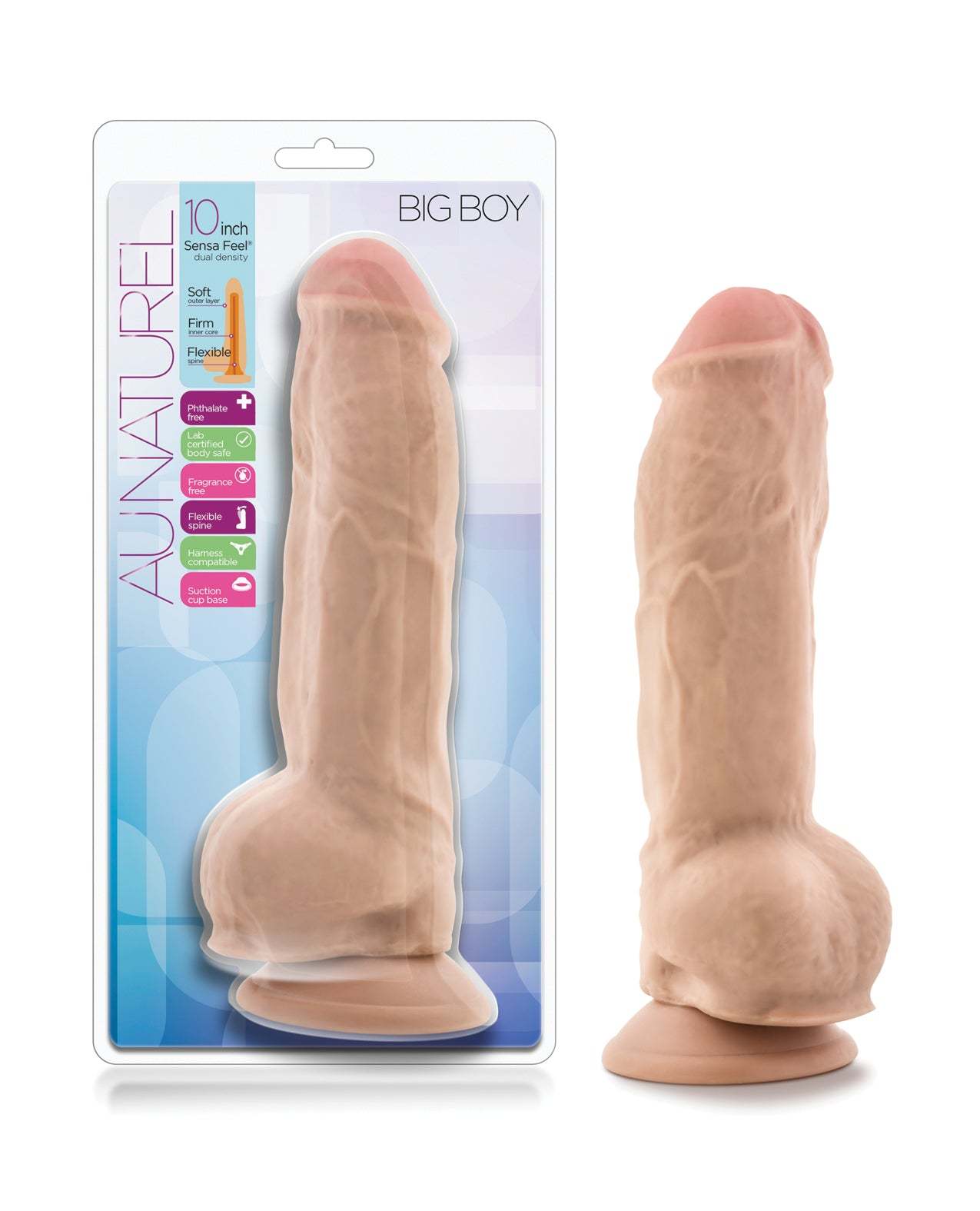 Blush Au Natural 10-inch realistic dildo with balls in vanilla color and suction cup base
