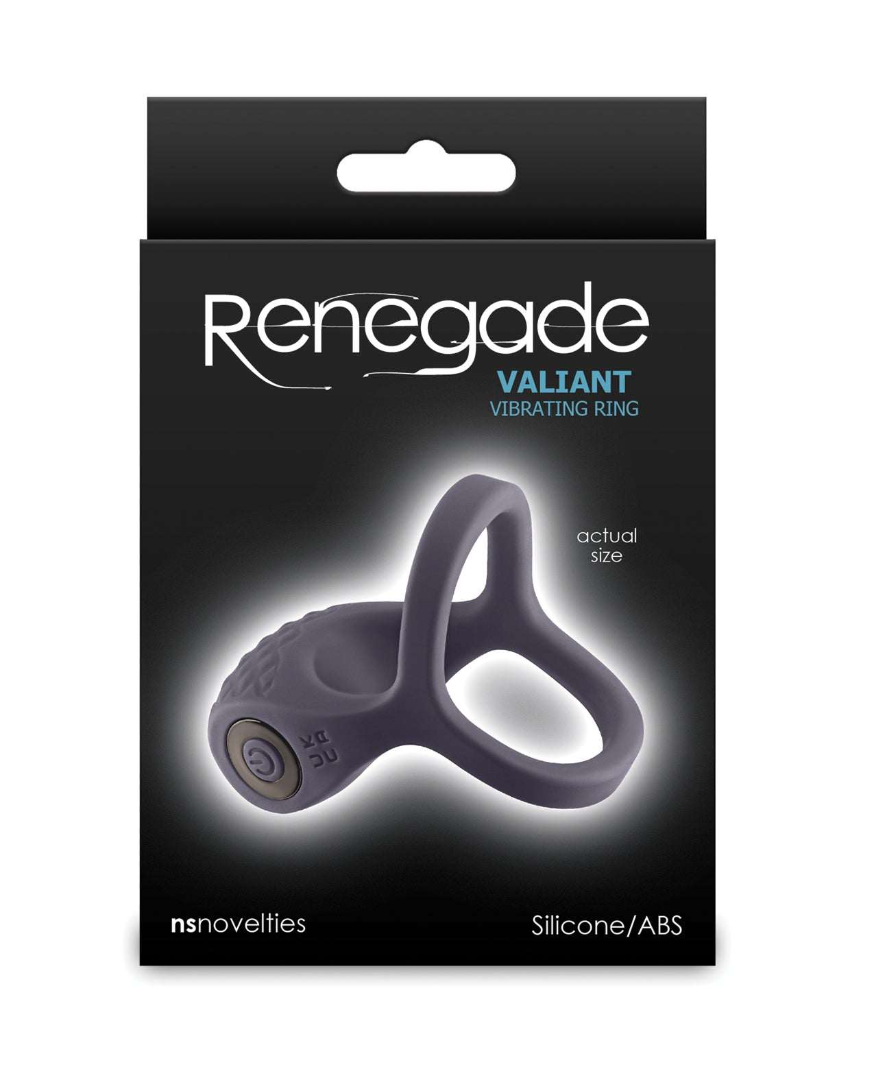 Renegade Valiant Vibrating Cock Ring in gray with silicone material and multiple vibration settings shown in packaging