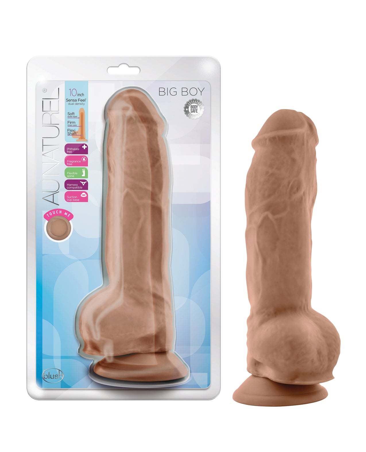 Blush Au Natural 10-inch realistic dildo with balls in mocha color and suction cup base