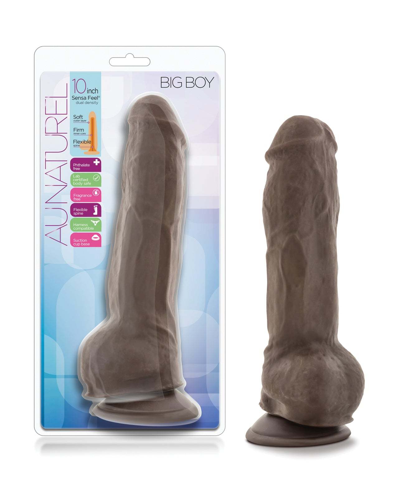 Blush Au Natural 10-inch Big Boy realistic chocolate dildo with balls and suction cup base