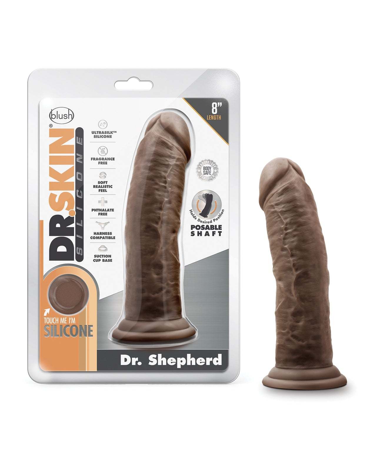 Blush Dr. Skin Silicone Dr. Shepherd 8" Chocolate dildo with suction cup and posable shaft