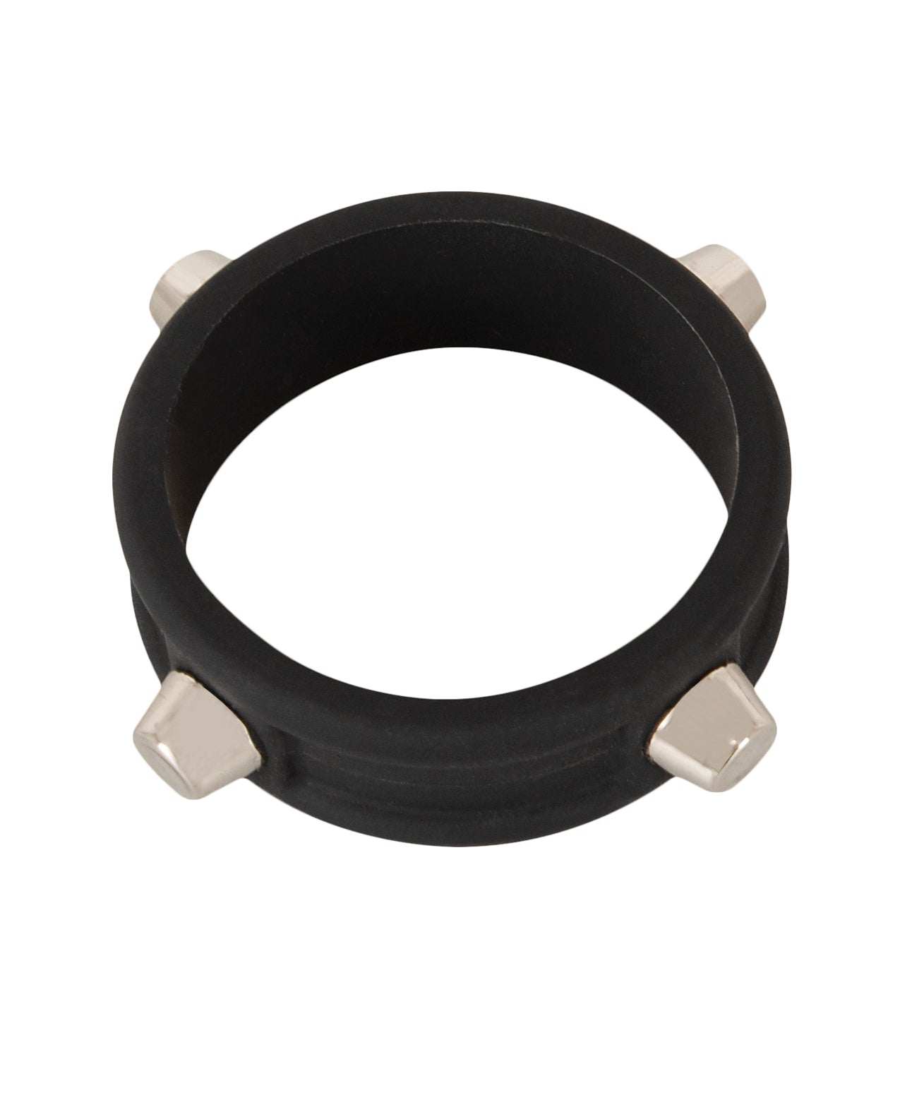 Black Rebel Cock Ring with metal studs made of stretchy silicone for enhanced erection support and comfort.