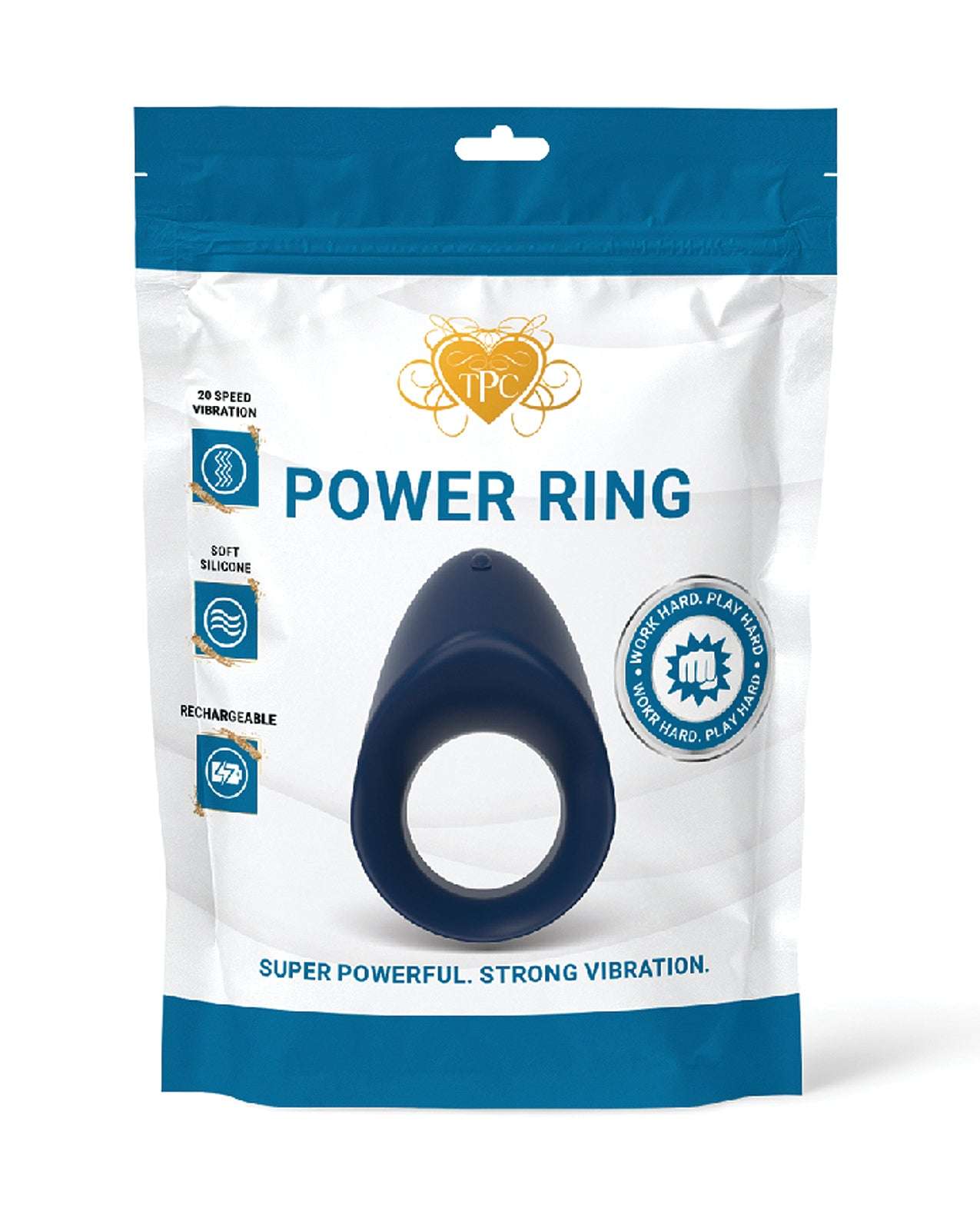 Blue Power Ring vibrating cock ring with 20 speeds, soft silicone, and rechargeable design in packaging