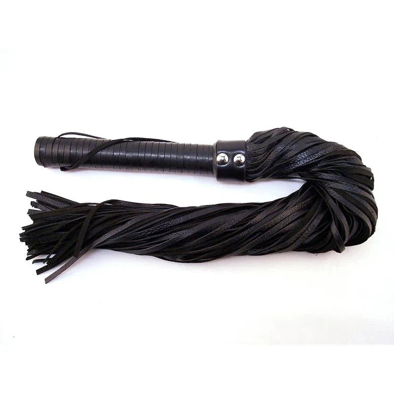 Black Rouge Flogger with leather handle and multiple leather tails for sensual play