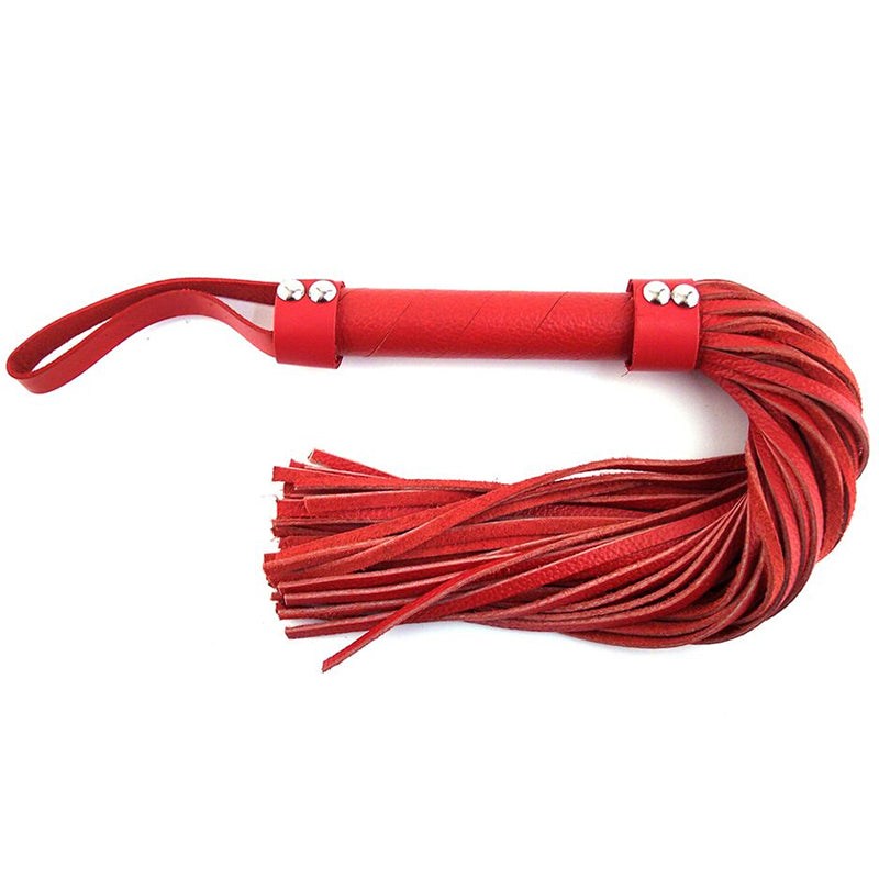 Red leather flogger with loop handle and multiple falls for intimate play