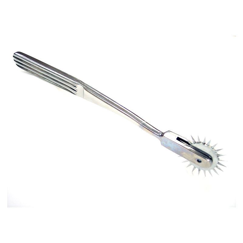 Rouge Stainless Steel Pinwheel with sharp spiked rotating wheel and textured handle for sensory stimulation and medical use.