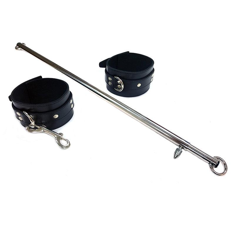 Rouge Leg Spreader Bar with adjustable stainless steel bar and black leather ankle cuffs for intimate restraint.