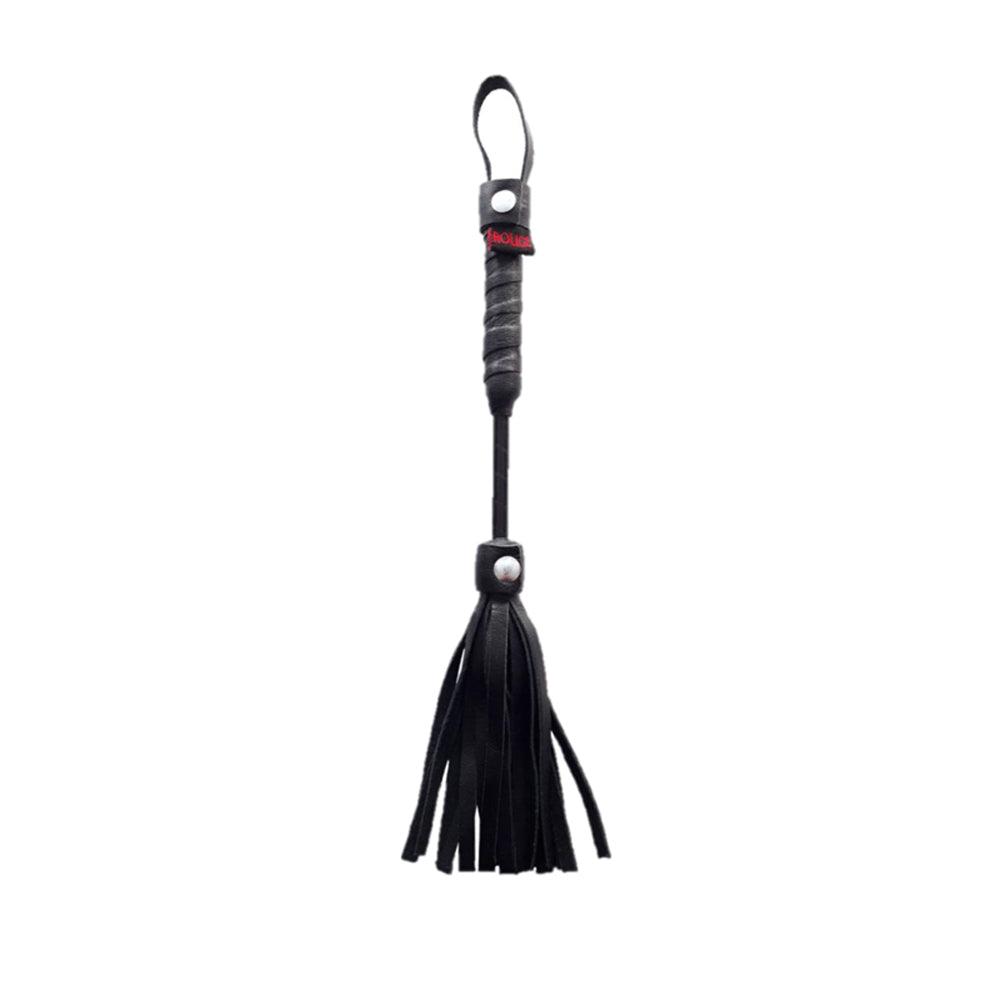 Black Rouge Mini Flogger 10-inch leather accessory with woven strands and wrist loop for sensation play