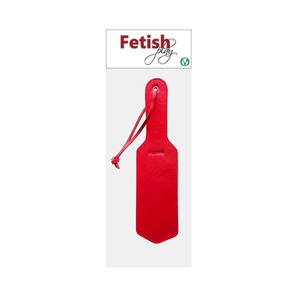 Rouge Fetish Play red vegan faux leather spanking paddle with wrist strap for erotic impact play