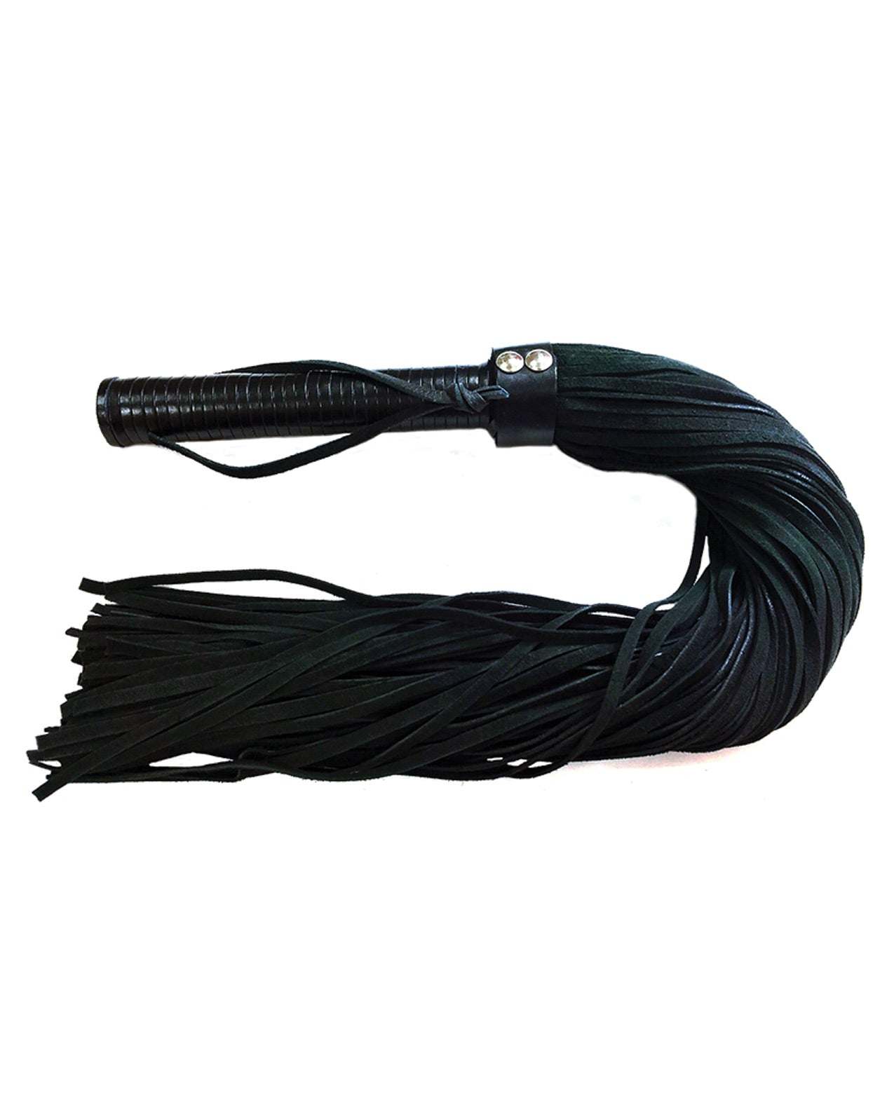 Black Rouge Suede Flogger with leather handle and wrist loop for sensory play