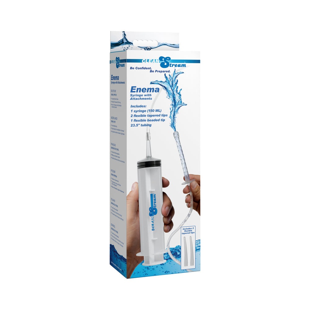 CleanStream Enema Syringe with 150ml capacity, 23.5-inch silicone tube, and three interchangeable tapered tips for easy and hygienic use.