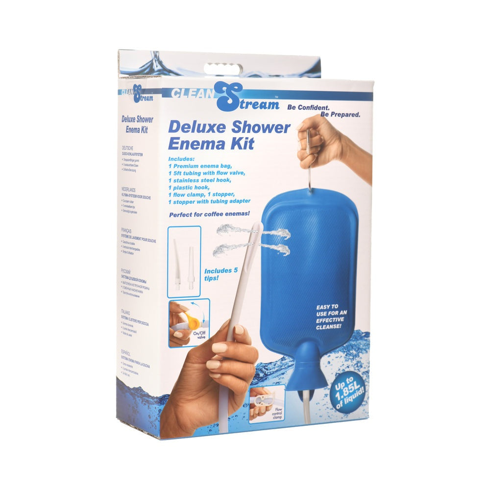 CleanStream Deluxe Shower Enema Kit with 1.85L bag, 5-foot tubing, five interchangeable tips, and flow control valve for easy cleansing