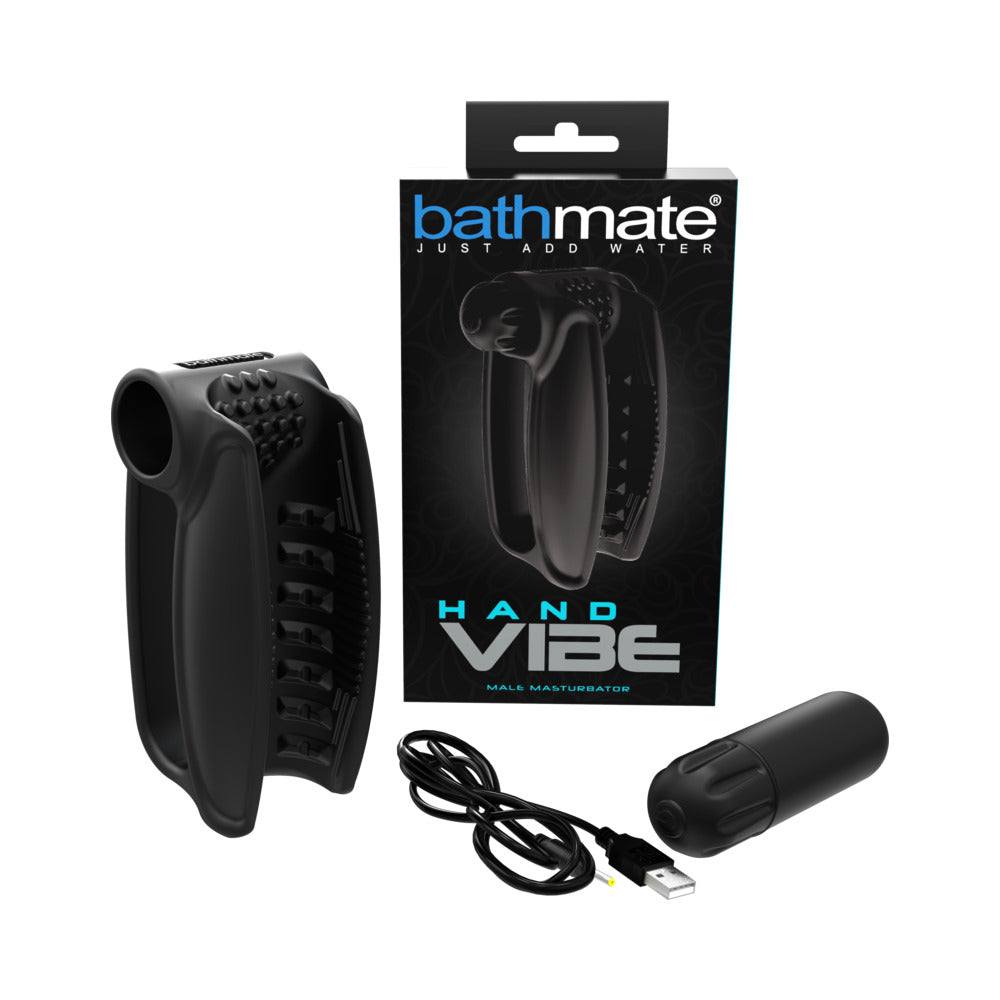 Bathmate Hand Vibe black vibrating silicone male masturbator with USB charger and textured sleeve.