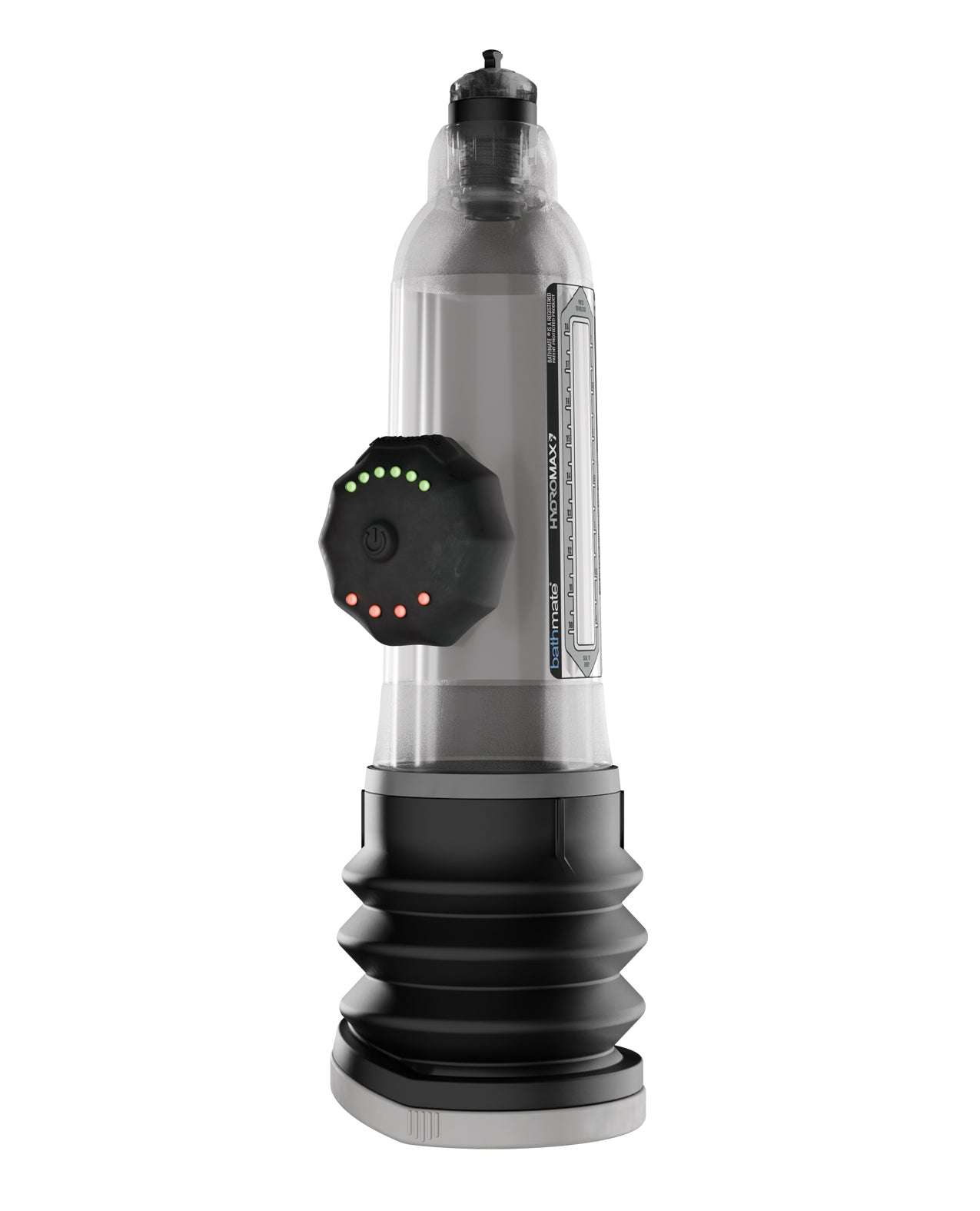 Bathmate Pump Timer attached to a transparent pump device with digital LED indicators in black.