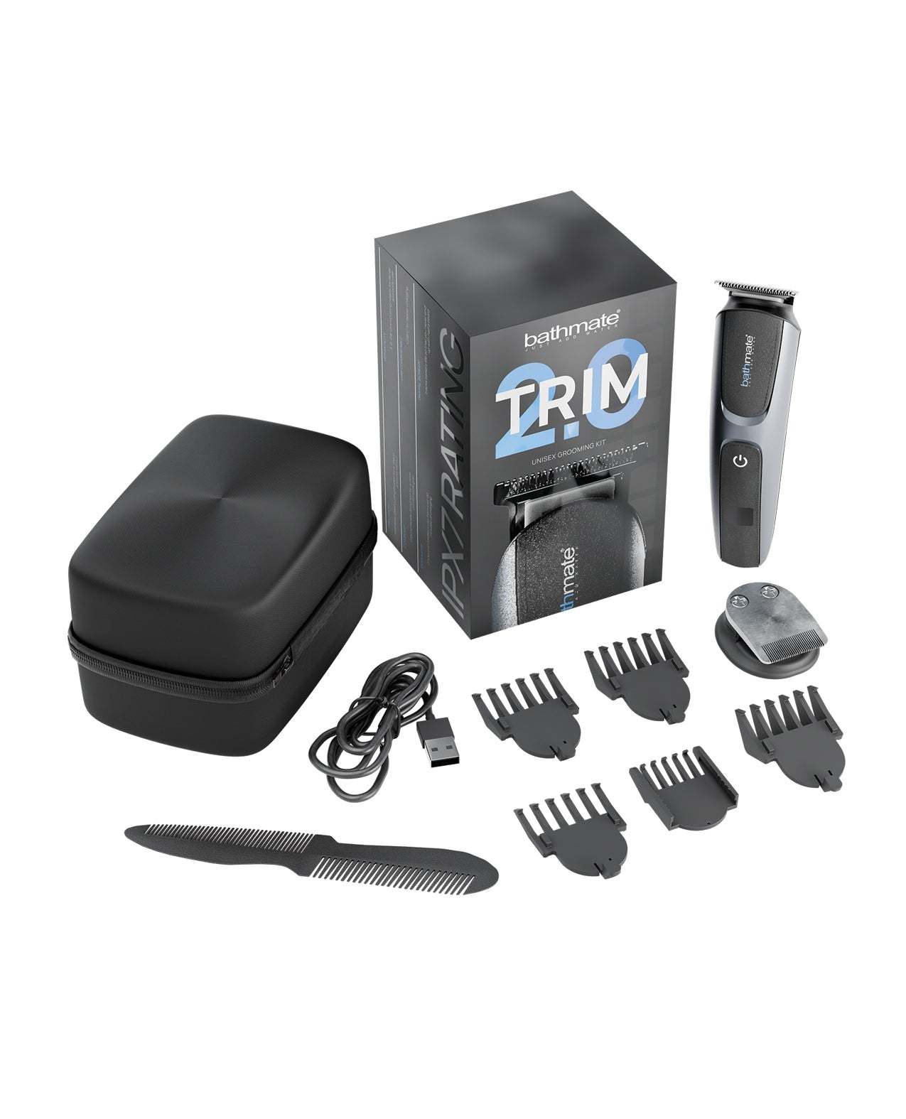 Bathmate Trim 2.0 black grooming kit with trimmer, combs, USB charger, and carrying case.