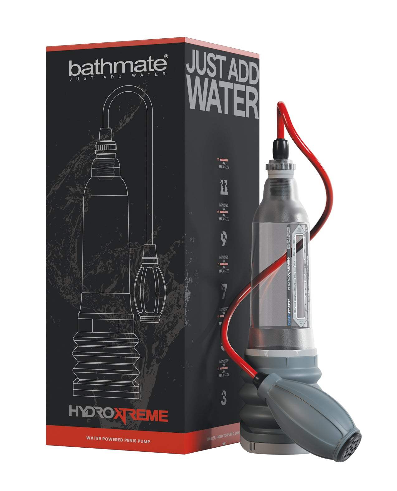 Bathmate Hydroxtreme 6 clear water-powered penis pump with handball and packaging box.