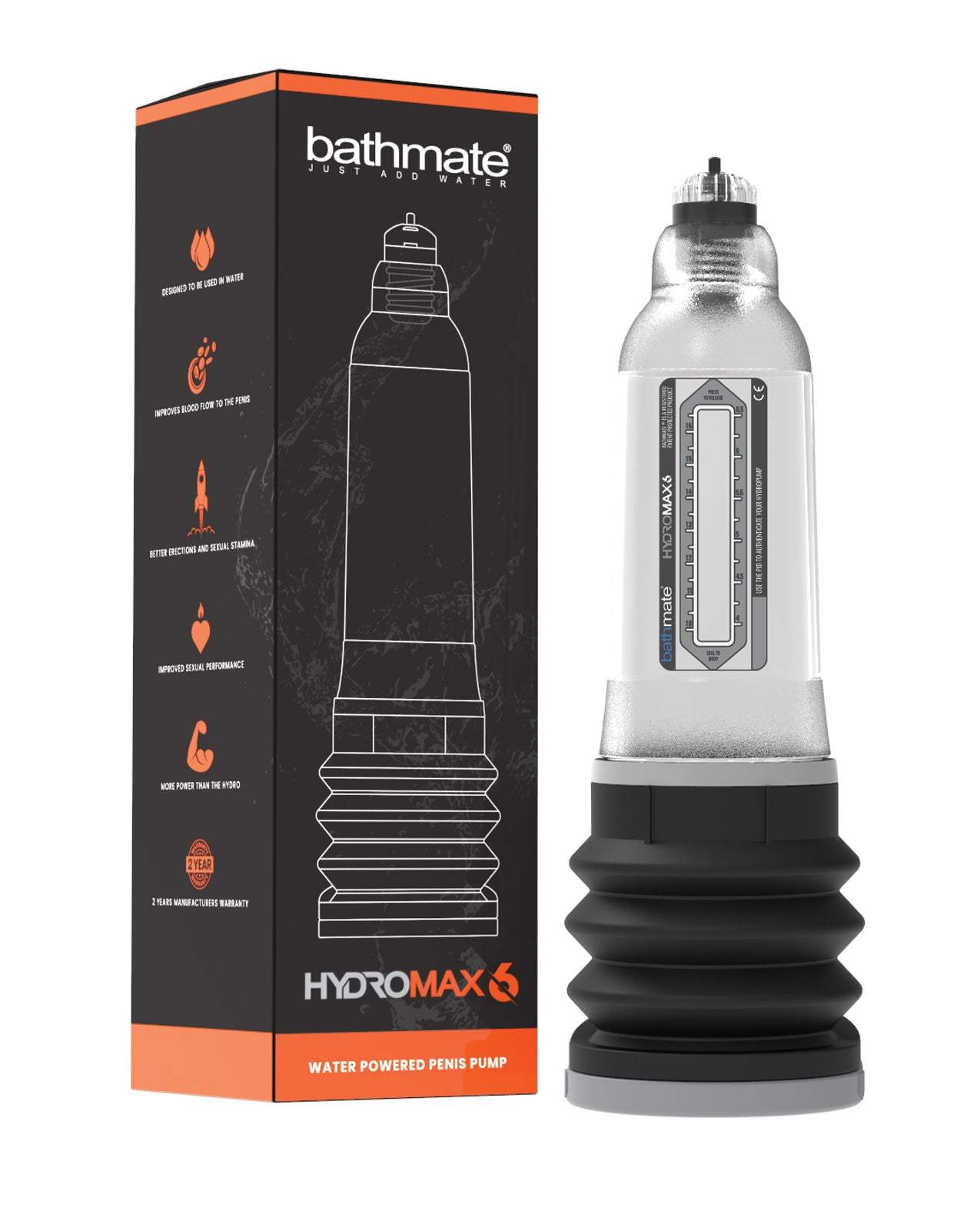 Bathmate Hydromax 6 clear water-powered penis pump with black base and branded packaging