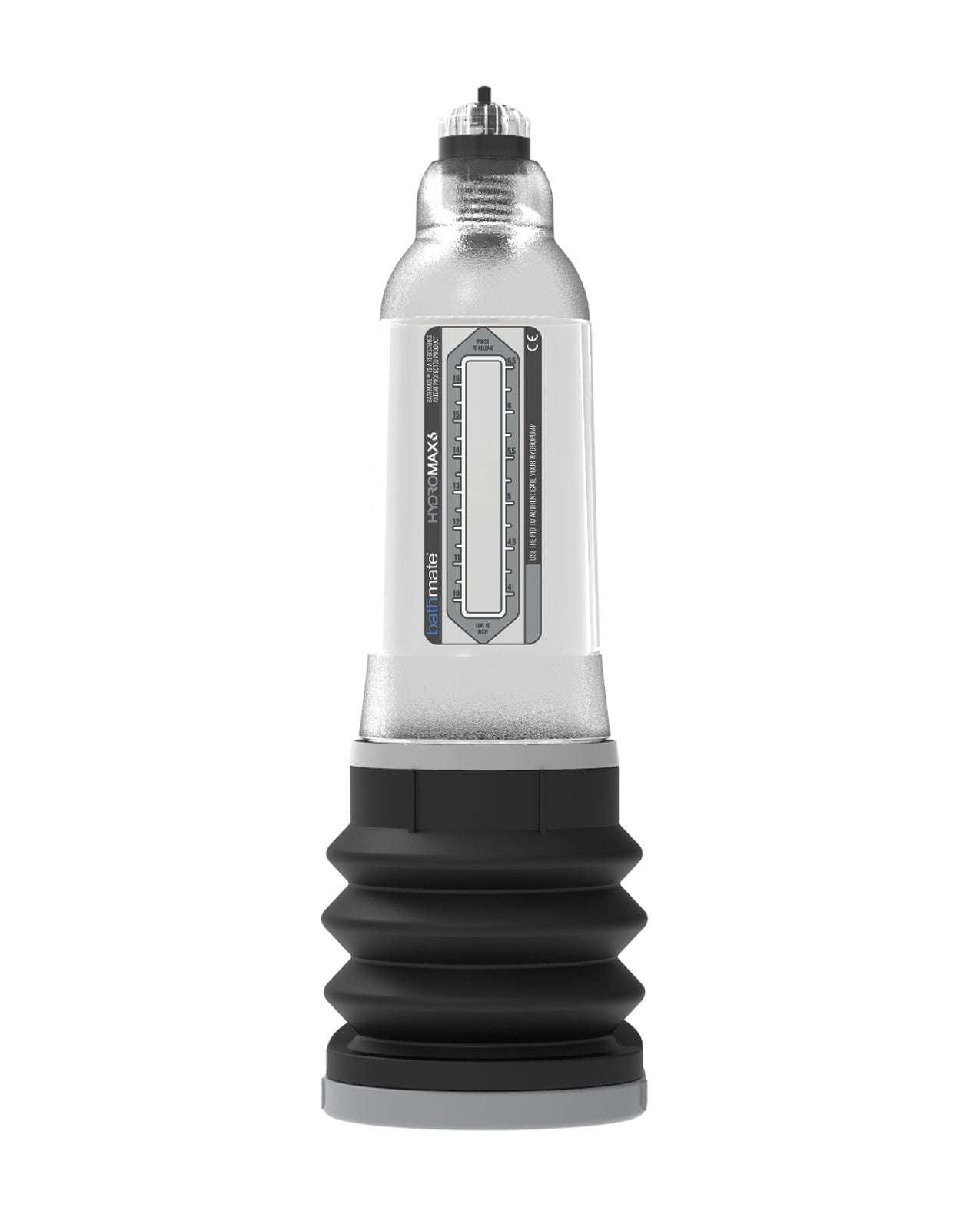 Bathmate Hydromax 6 clear penis pump with measurement gauge and black flexible base designed for effective and lasting gains.