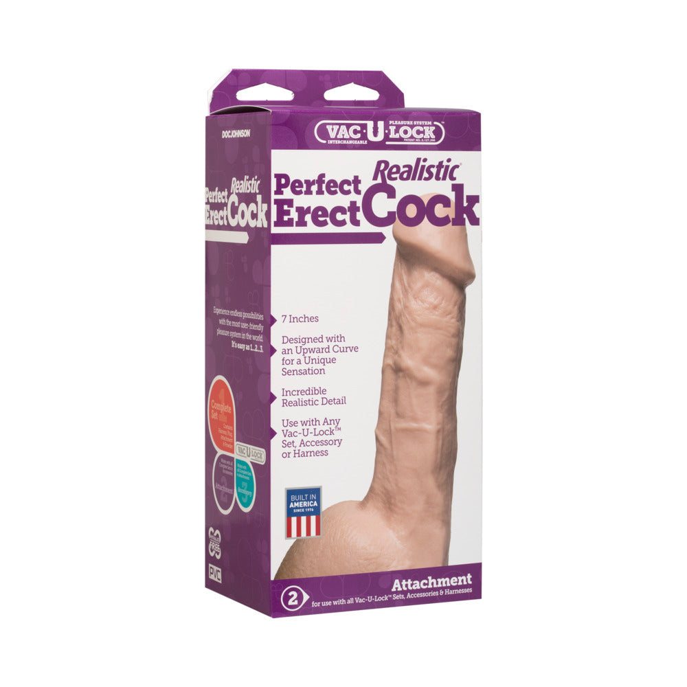 Vac-U-Lock Perfect Erect Realistic Cock 7-inch white dildo attachment with lifelike details and ridged shaft for use with Vac-U-Lock harnesses