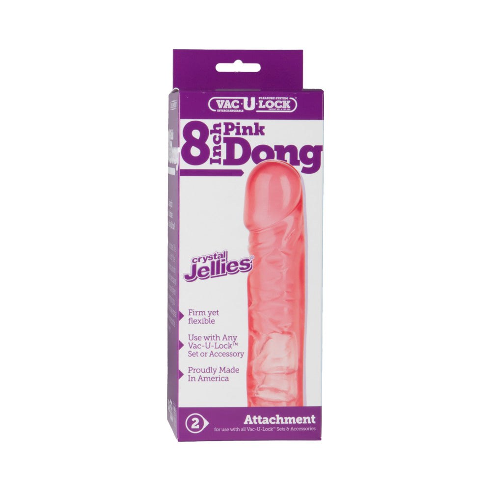 Vac-U-Lock 8 inch pink dong attachment from Crystal Jellies, flexible and compatible with Vac-U-Lock bases and harnesses.
