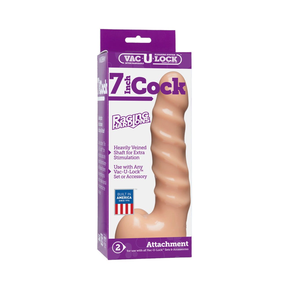 Vac-U-Lock 7 Inch Cock Raging Hard-Ons white textured dildo attachment in packaging