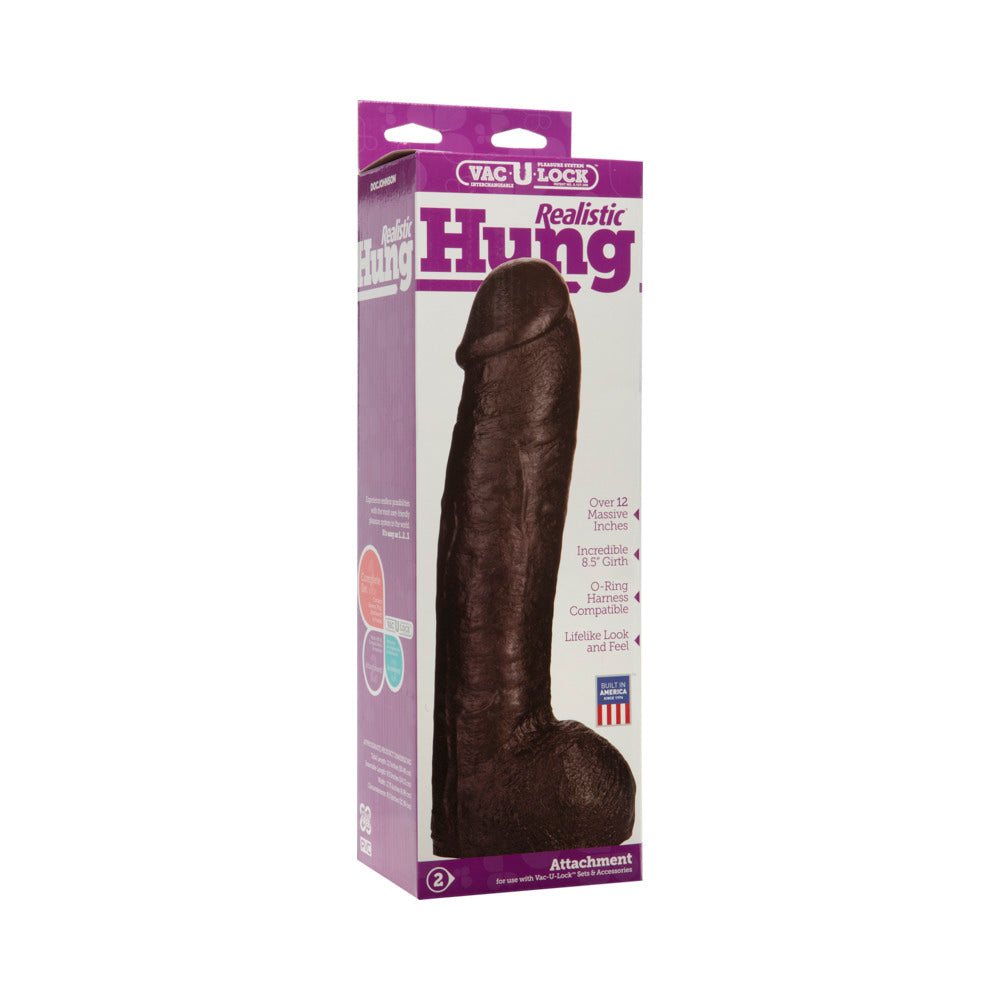 Vac-U-Lock Realistic Hung Black large dildo attachment with realistic texture and over 12 inch length in retail packaging