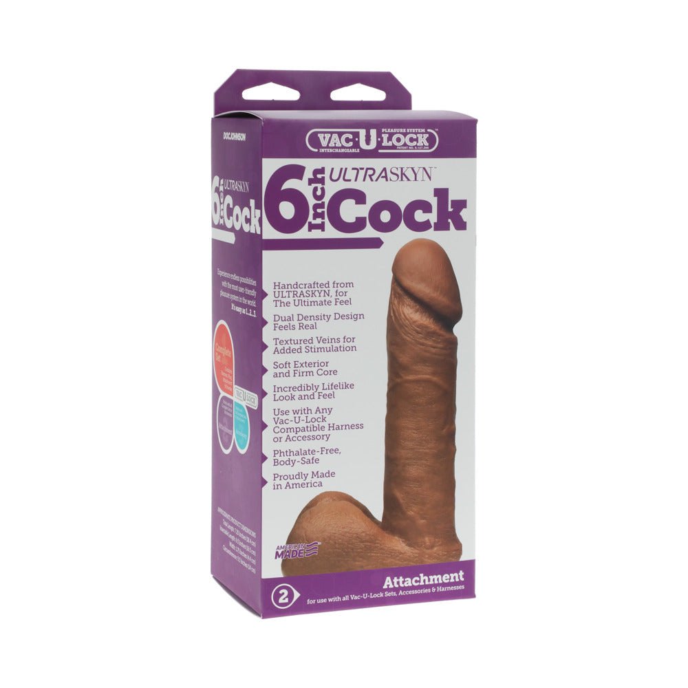 Vac-U-Lock 6-Inch ULTRASKYN realistic brown dildo with dual-density design and lifelike texture in retail packaging