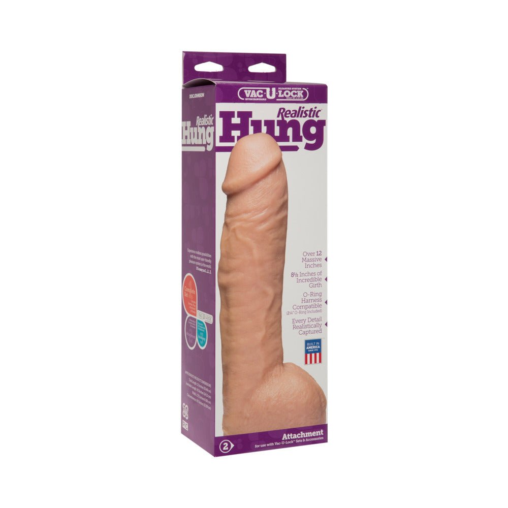 Vac-U-Lock Realistic Hung White 12-inch lifelike dildo with bulging veins and plump head in product packaging