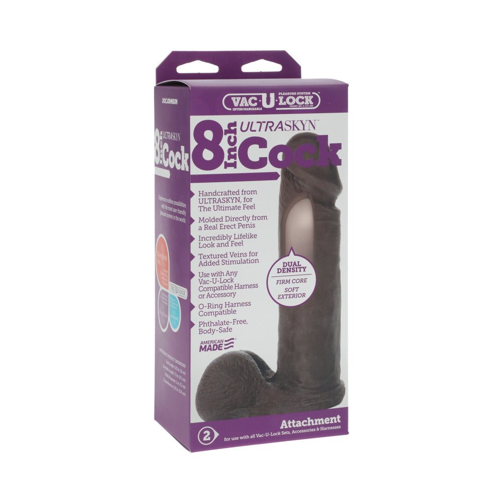 Vac-U-Lock 8-inch ULTRASKYN Cock in black with dual-density design and realistic details in packaging