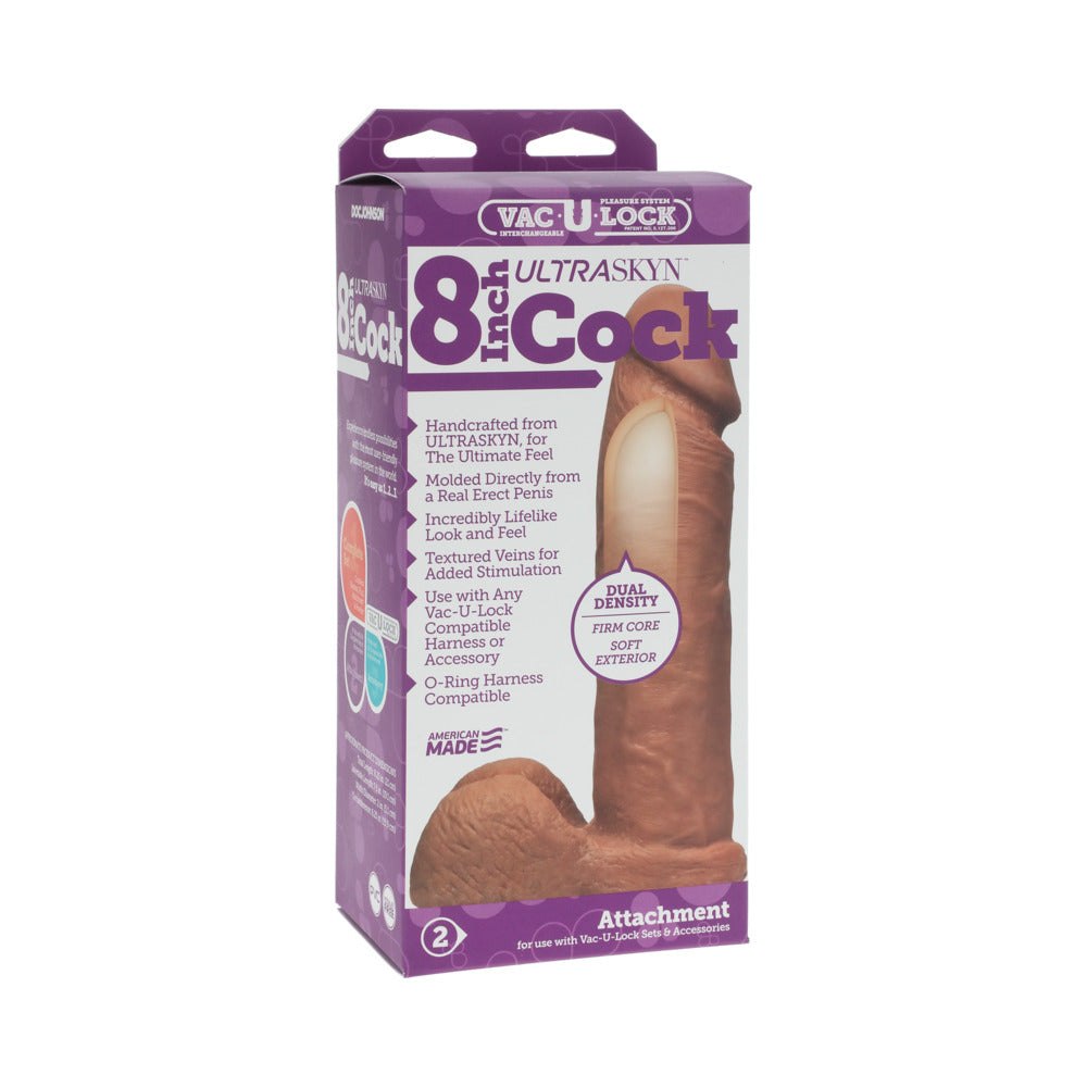 Vac-U-Lock 8-inch ULTRASKYN brown realistic dildo with dual-density firm core and soft exterior, textured veins, and harness compatible.