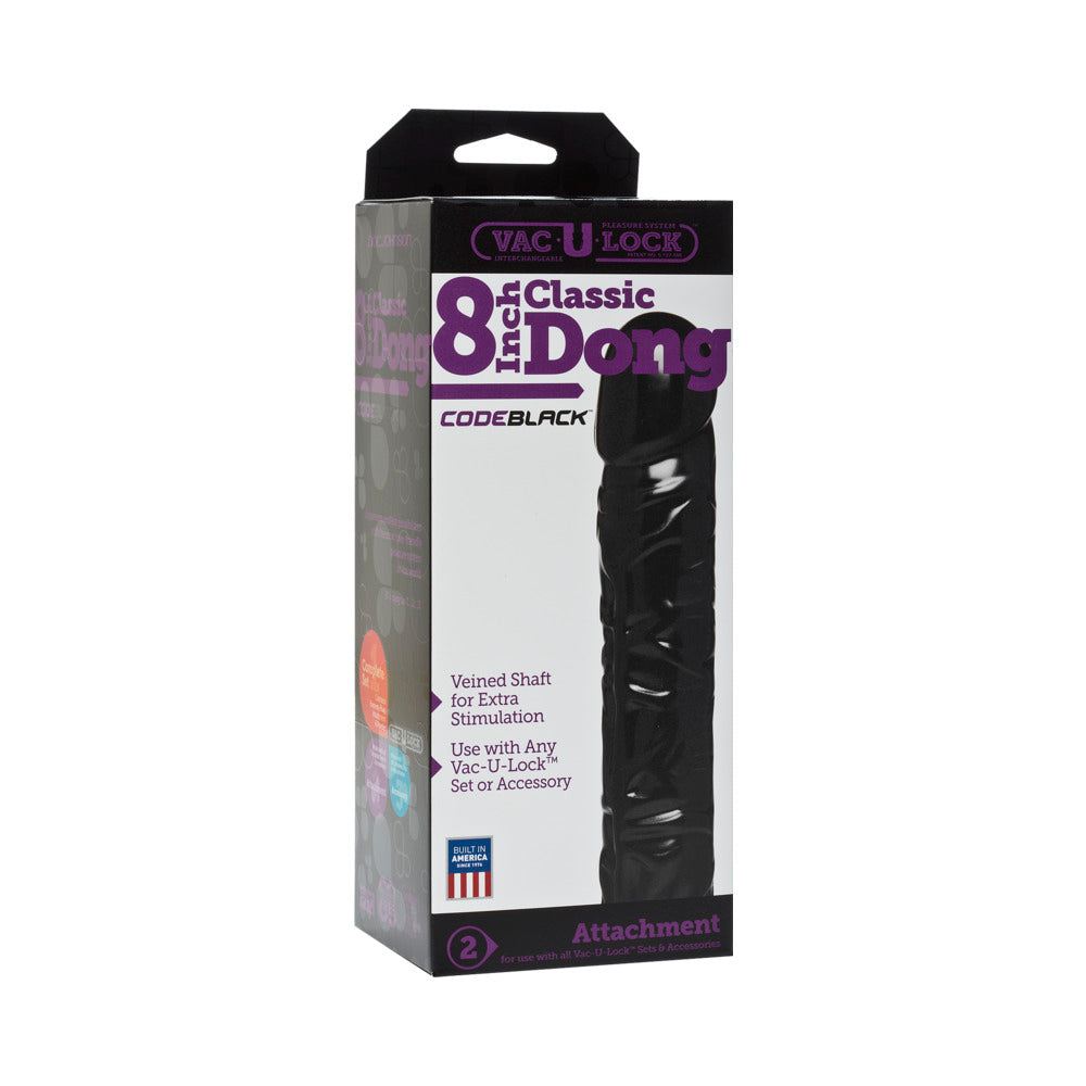 Vac-U-Lock 8-inch Classic Dong in sleek black with veined shaft for enhanced stimulation and compatibility with Vac-U-Lock sets.