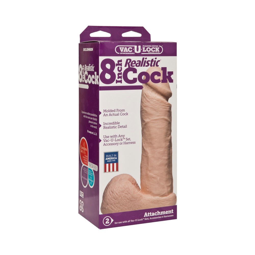8 inch realistic white cock attachment compatible with Vac-U-Lock system in retail packaging