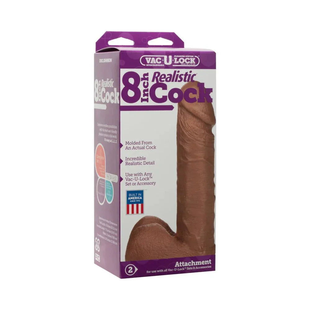 Vac-U-Lock 8 Inch Realistic Cock in brown with lifelike texture and veins, compatible with Vac-U-Lock harness systems.
