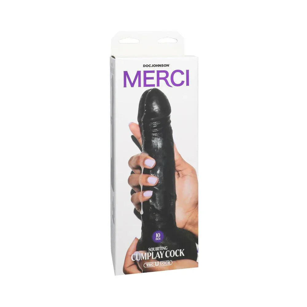 Merci Squirting Cumplay Cock 10-inch realistic dildo with removable Vac-U-Lock suction cup in black packaging.