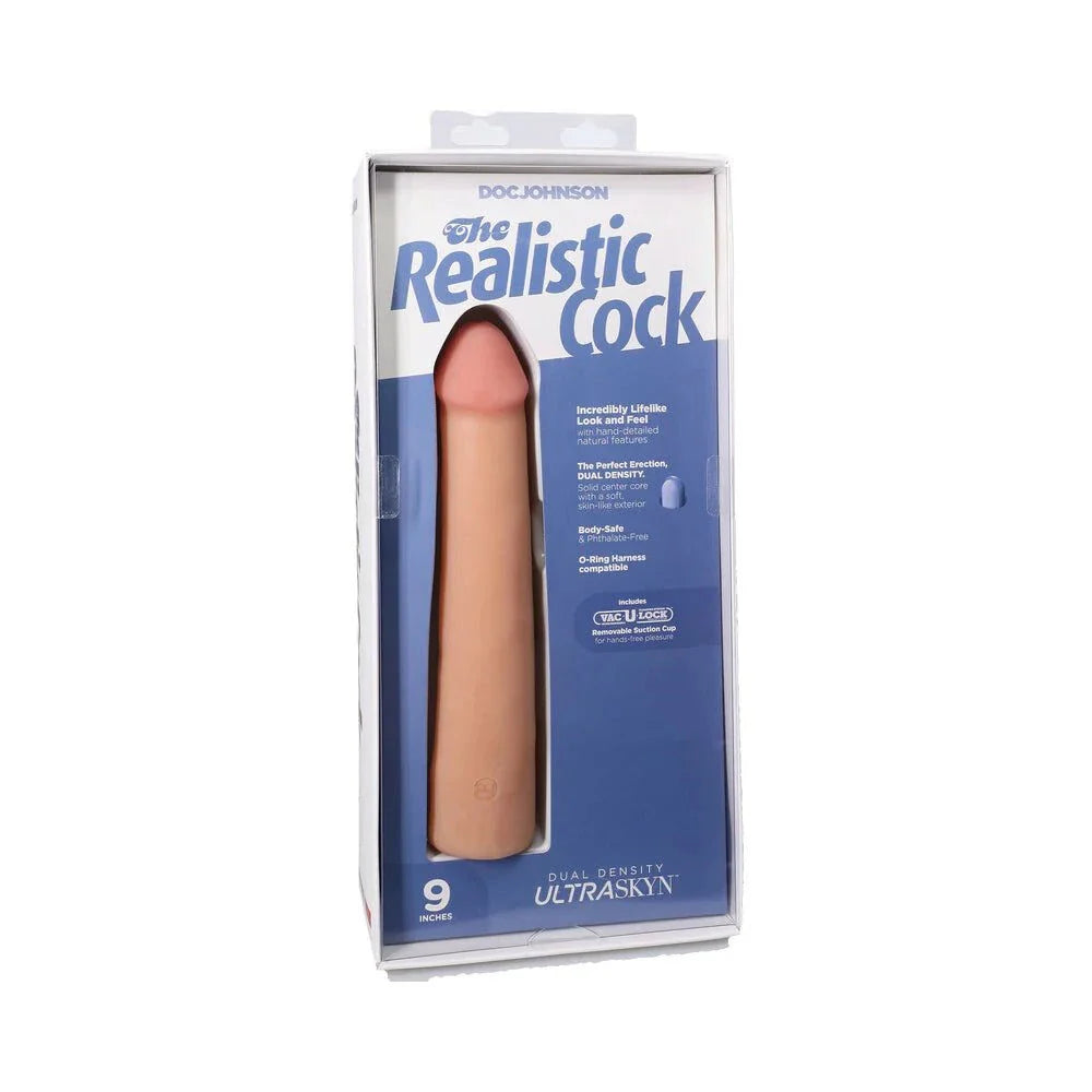 The Realistic Cock 9-inch ULTRASKYN Vac-U-Lock dildo in vanilla with lifelike texture and dual-density design.