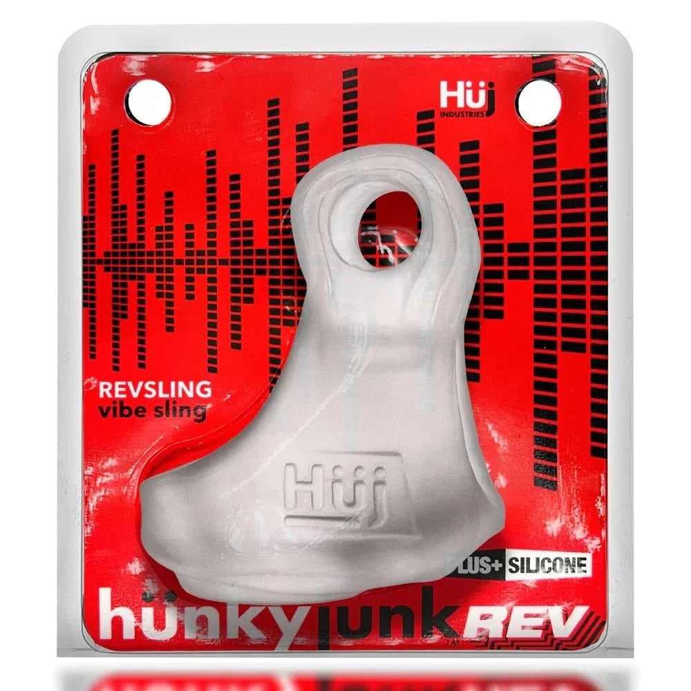 Clear Hunkyjunk Revsling cock and ball sling with built-in bullet vibrator in soft Plus+SILICONE material packaging