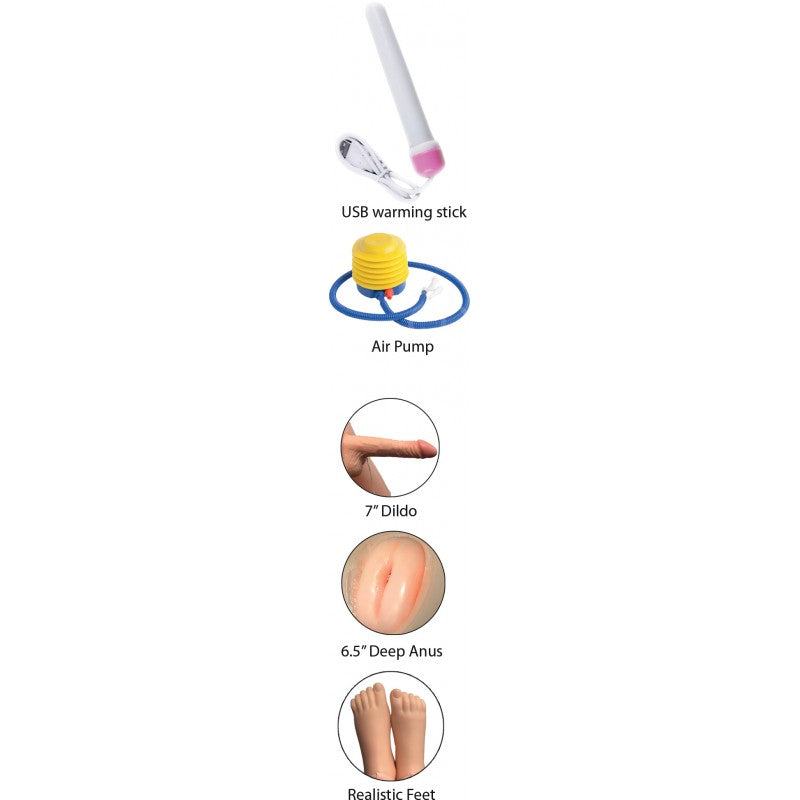 Fuck Friends Love Doll accessories including USB warming stick, air pump, 7-inch dildo, 6.5-inch deep anus, and realistic feet.