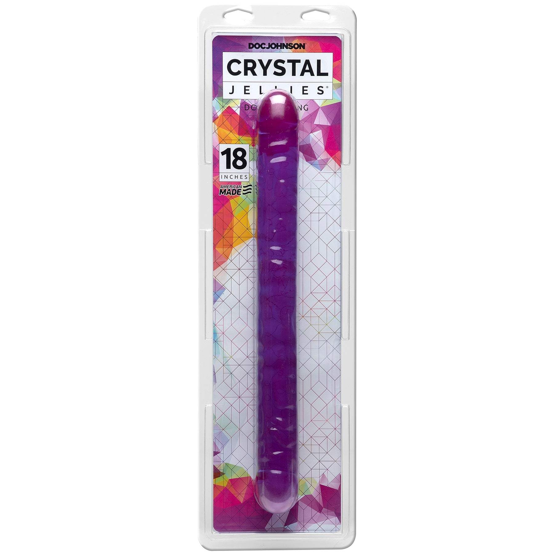 Crystal Jellies 18 Inch Double Dong in purple flexible veiny design in clear packaging