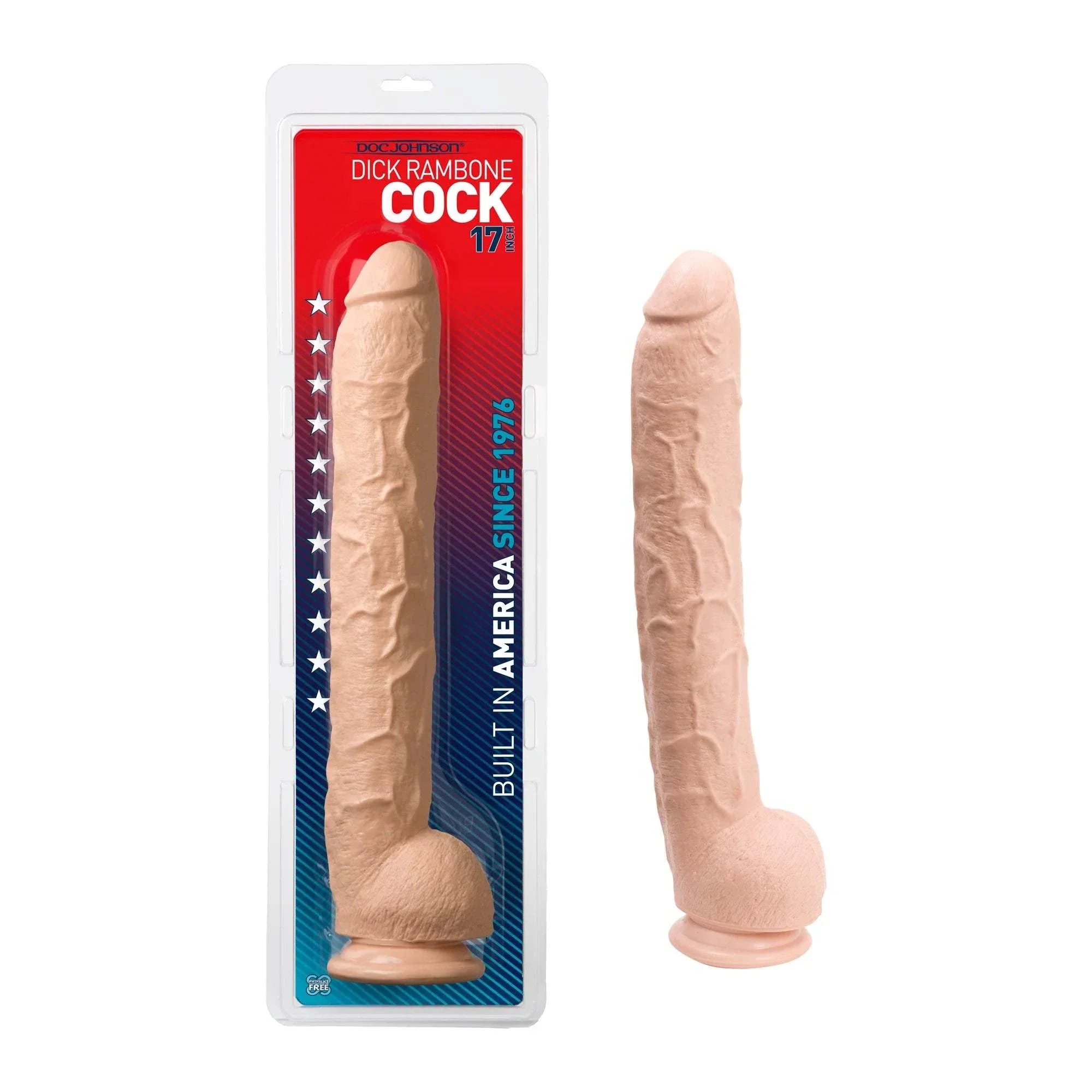 Dick Rambone 18-inch beige novelty gag gift dildo in packaging and alone