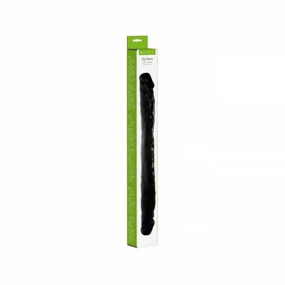 Black 18-inch double-ended dildo with lifelike texture in packaging, Me You Us Eighteen Double Dong.