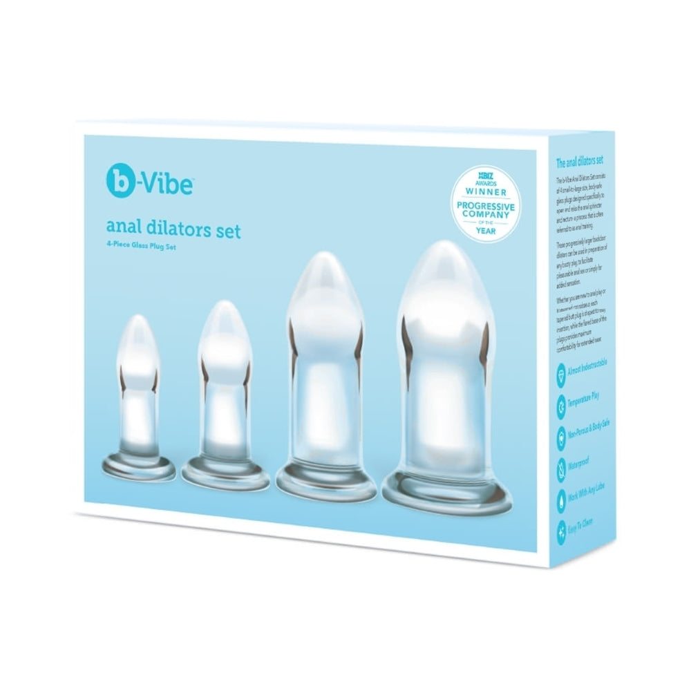 b-Vibe 4-Piece Anal Dilators set with four clear, tapered glass plugs in varying sizes for gradual anal training and temperature play