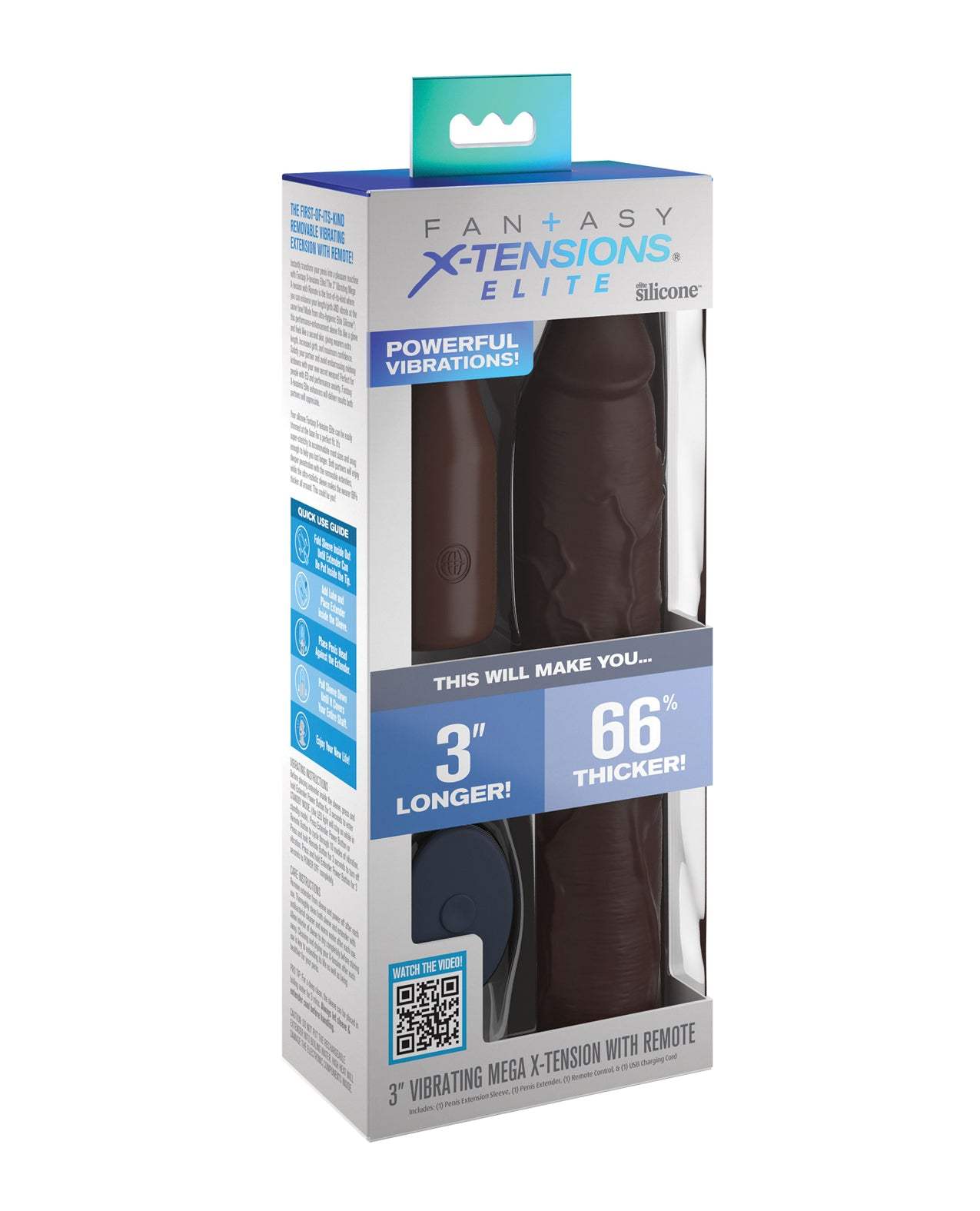 Fantasy X-Tensions Elite 9 inch brown silicone vibrating sleeve with 3 inch plug and remote in retail packaging