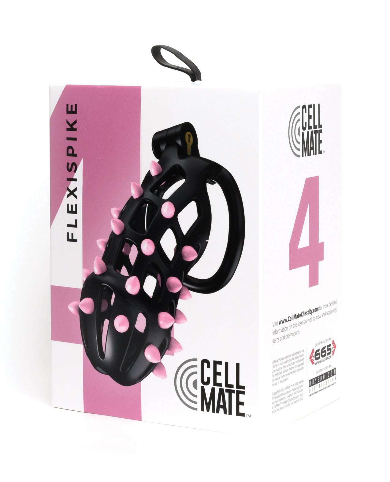 Sport Fucker Cellmate FlexiSpike black chastity cage with pink silicone spikes in packaging
