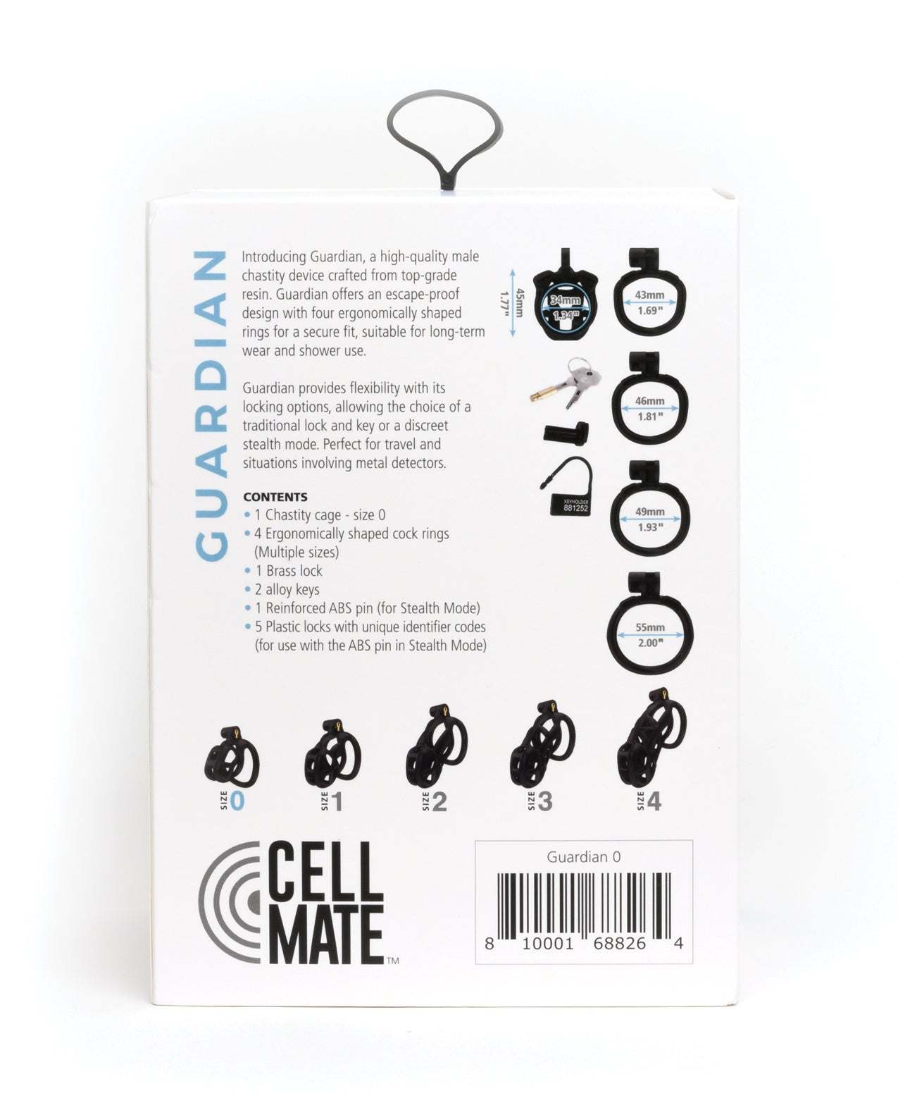 Sport Fucker Cellmate Guardian high-quality male chastity device packaging with product details and size options
