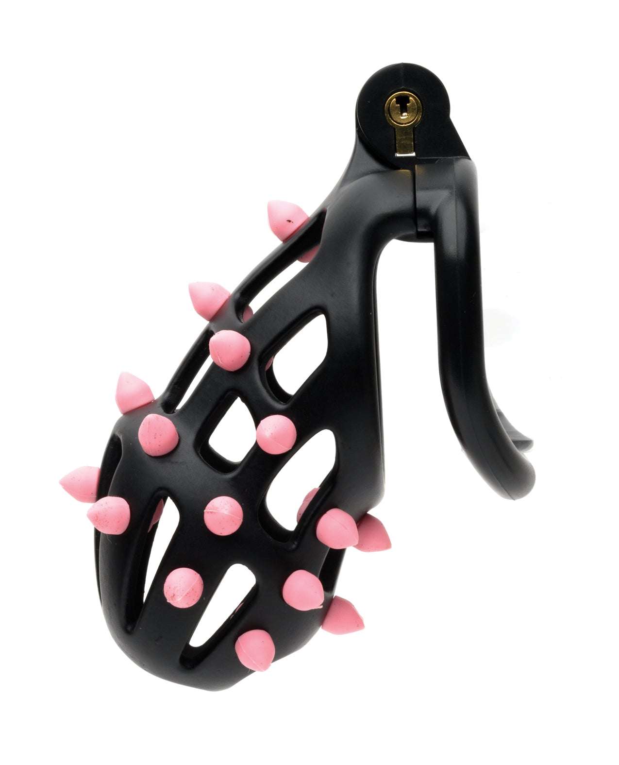Sport Fucker Cellmate FlexiSpike black chastity cage with removable pink silicone spikes and lock mechanism