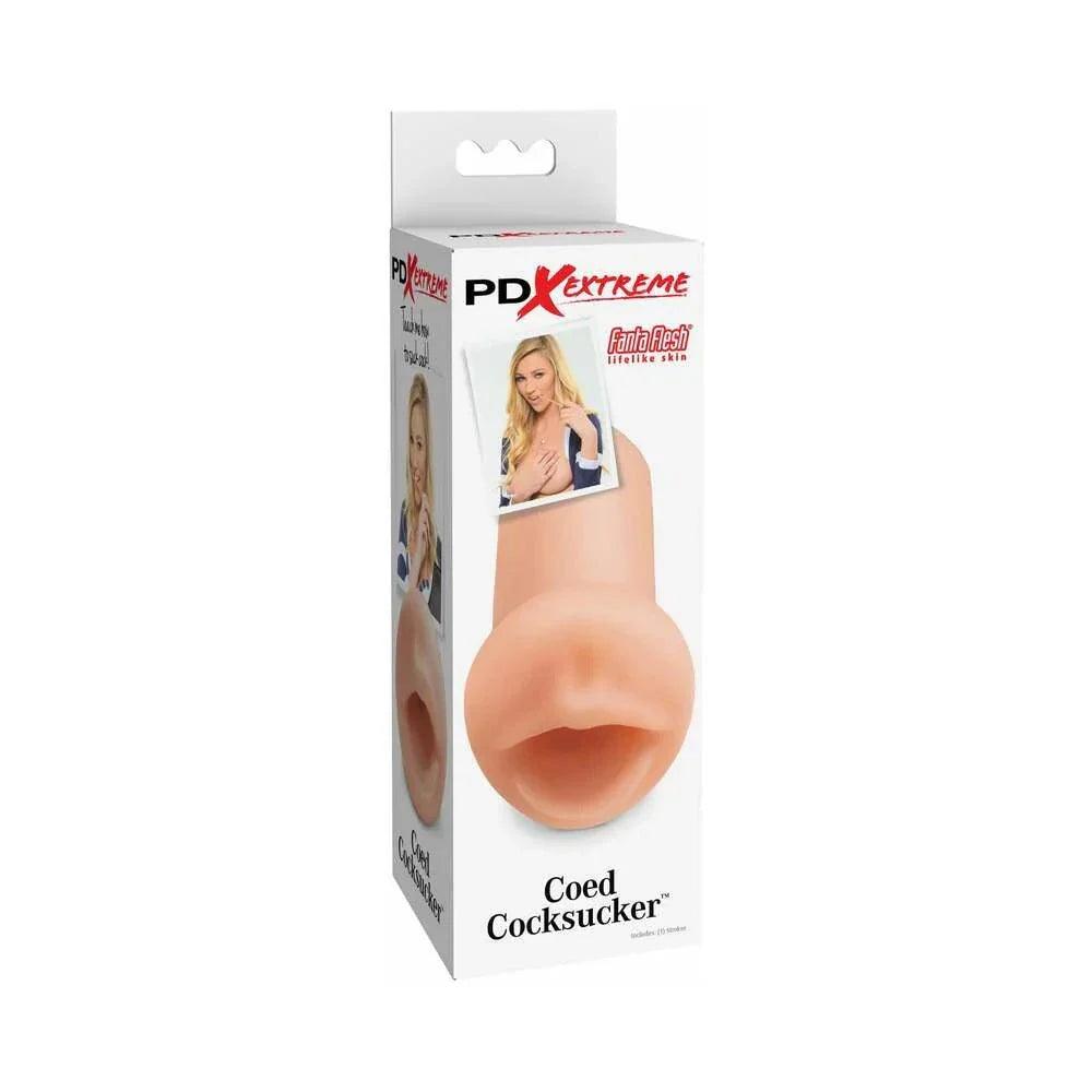 PDX Coed Cocksucker beige oral stroker with realistic lips, 4.9 x 1.5 x 1.9 inches.