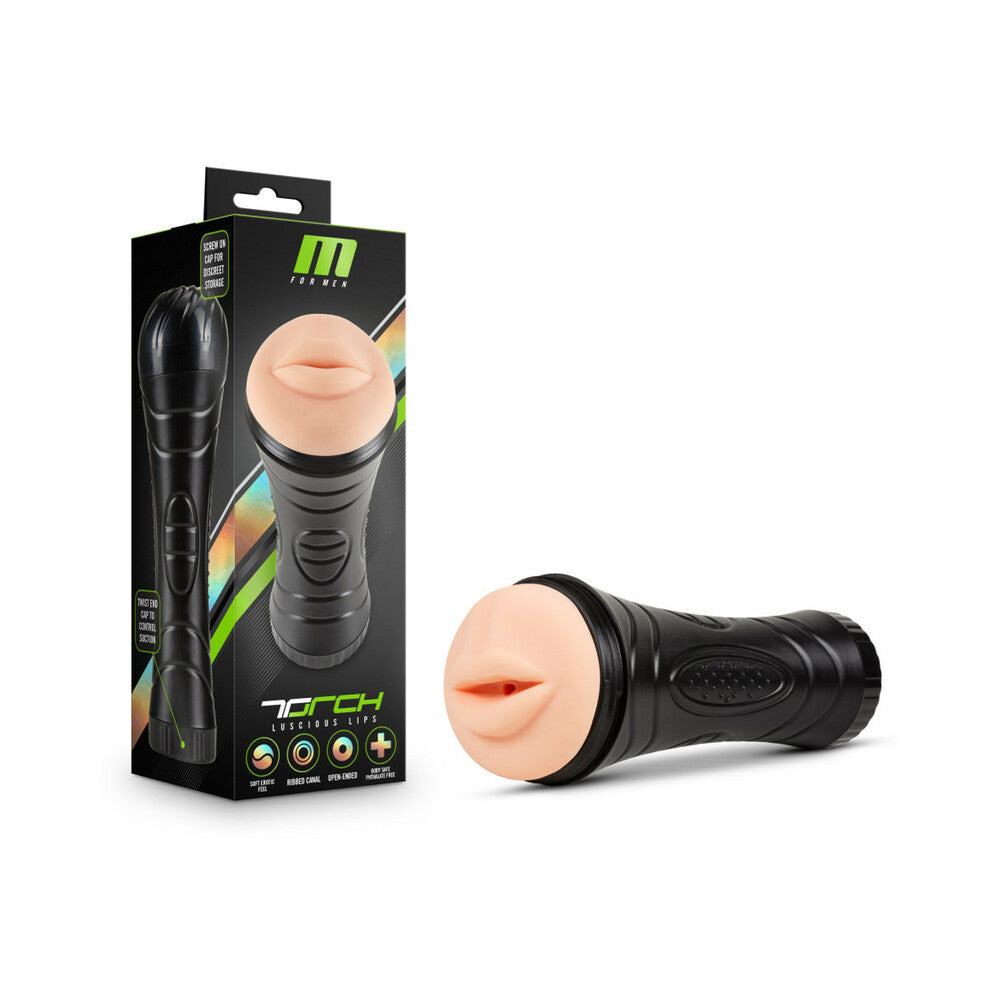 M for Men Torch beige oral stroker with diamond grip canister and soft lifelike lips for ribbed, deep throat pleasure
