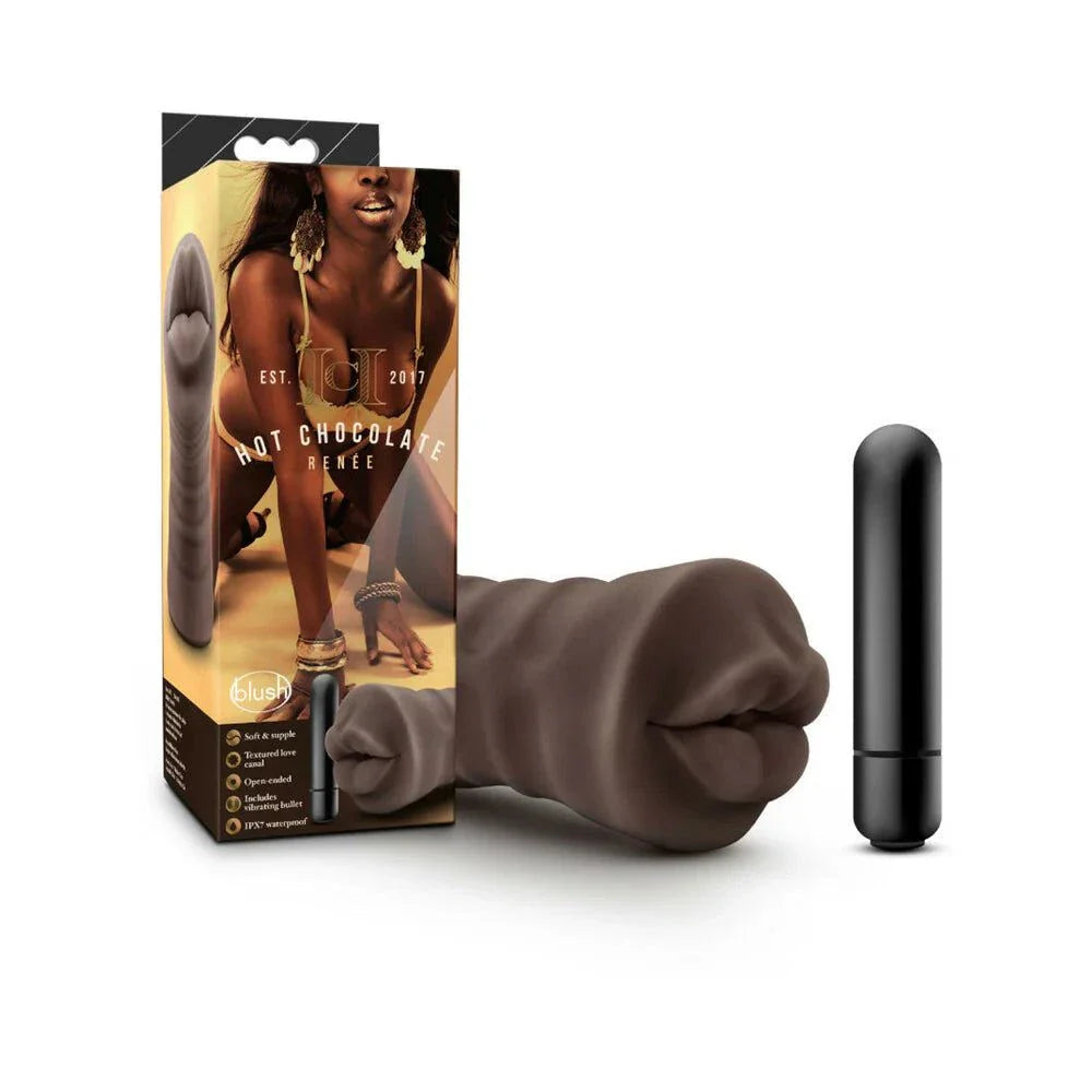 Hot Chocolate Renee oral stroker in brown with soft realistic texture and vibrating bullet vibrator